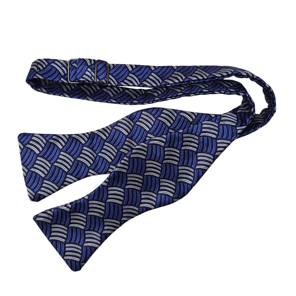 Robert Talbott Bow Tie Mens Blue Silver Geometric Pure Silk Self-Tie Formal